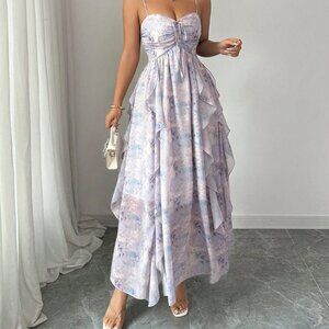 Purple Boho Women's Sleeveless A-Line Tie Dye Drawstring Waist Dress